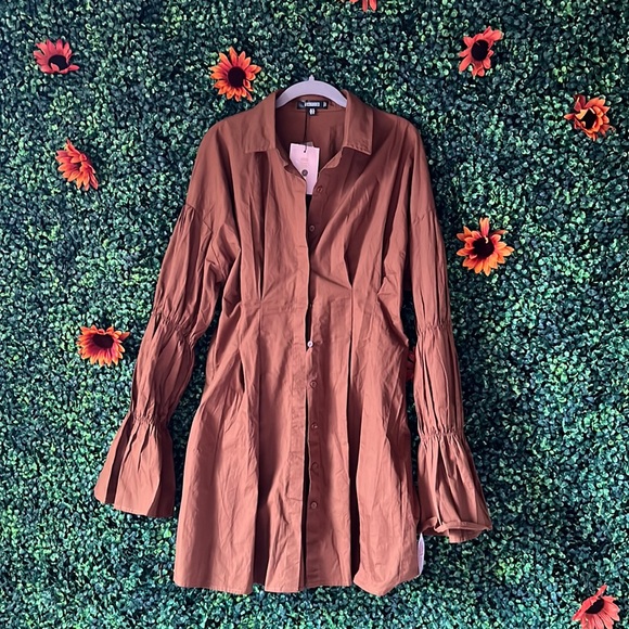 Chocolate Poplin Bubble Sleeve Shirt Dress - Picture 1 of 5
